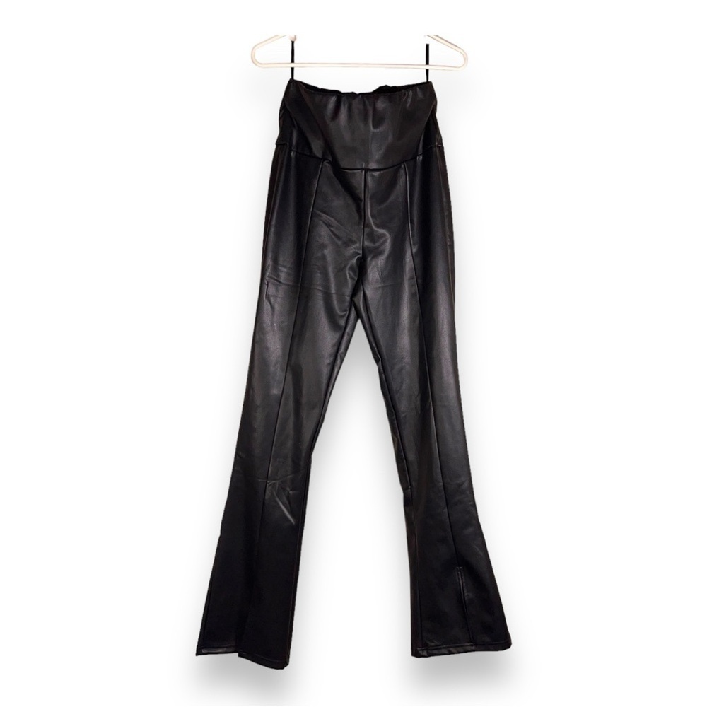 LARGE JUNIORS RD STYLE BLACK FAUX LEATHER PANTS FLARE STRETCH GOTH HIGH WAIST